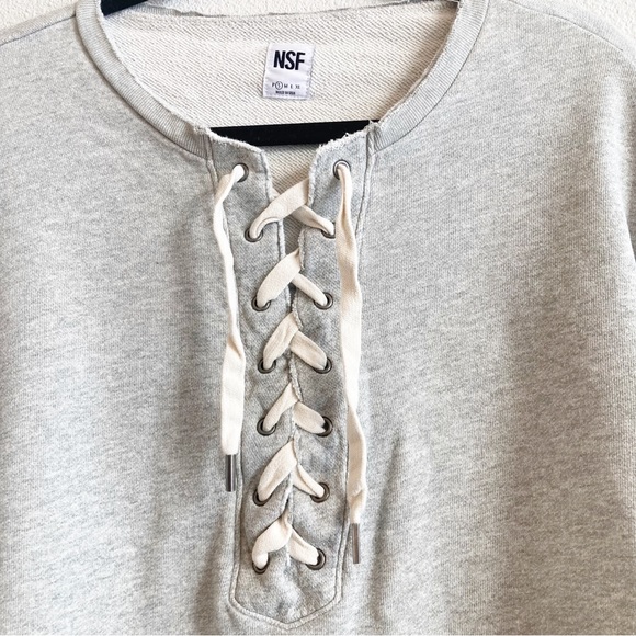 NSF Gray Pullover Sweatshirt Lace Up Neck  Cotton Crew Neck Frayed Neck  Small - Picture 4 of 7